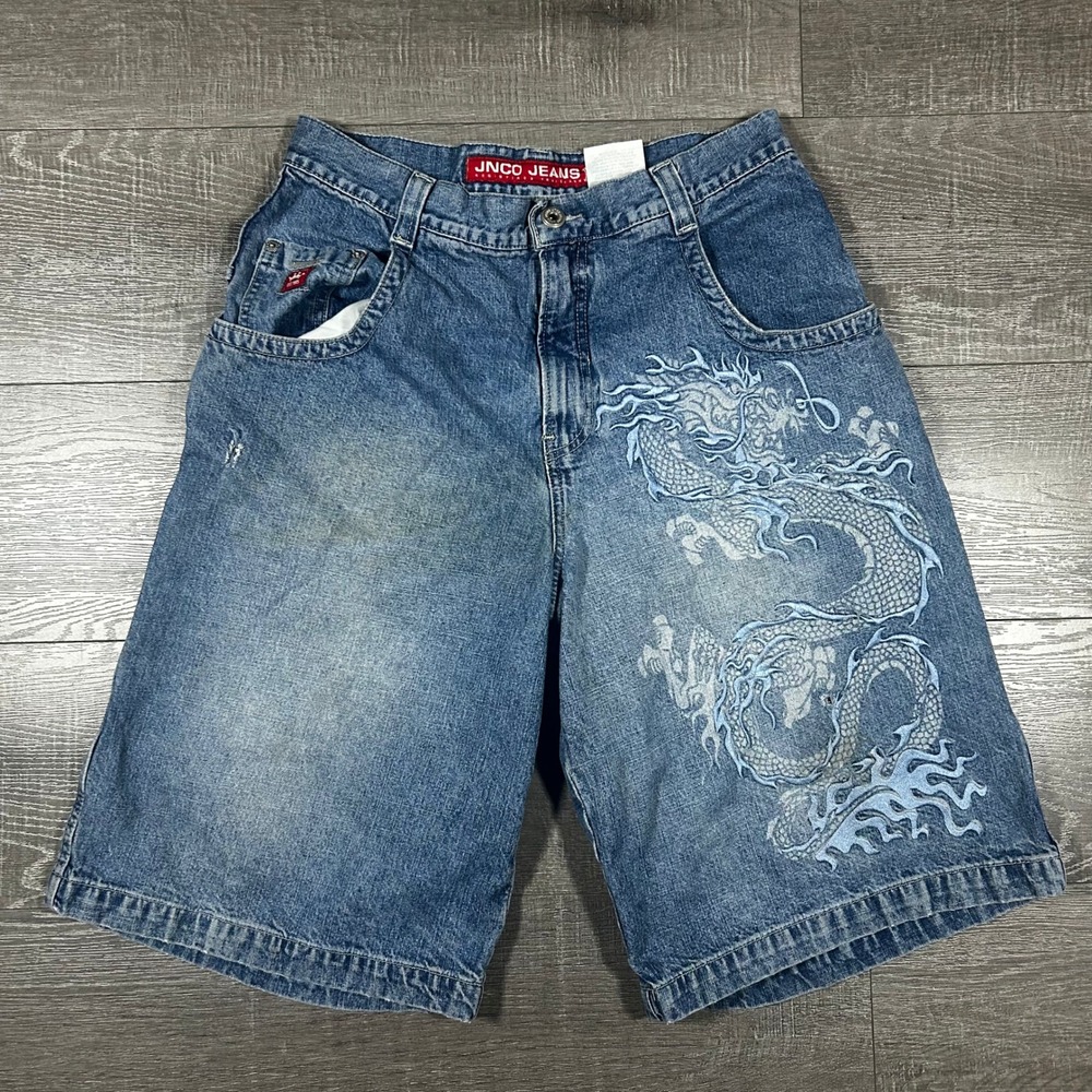 JNCO Jeans Mens 34 Blue Denim Dragon Embroidered Baggy Shorts Vintage 90s